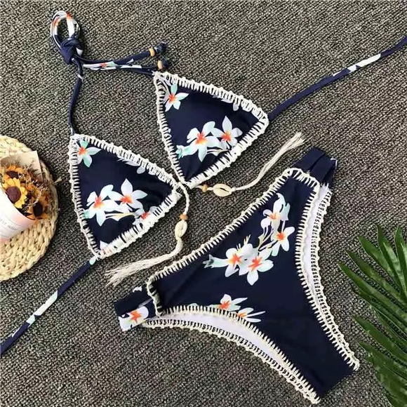 Sexy Boho Navy Blue Floral Triangle Bikini with Shells - Picture 6 of 16